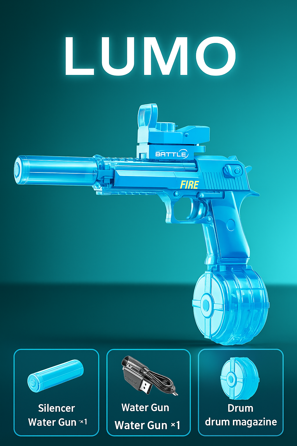 Blue toy gun labeled 'LUMO' with accessories on a teal background